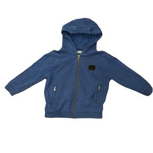Molo Blue Zip-up Hoodie.  Size 4.  Minor discoloration/stain as shown in pic.